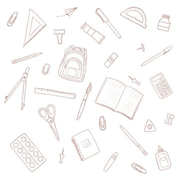 set of school accessories. illustration of office supplies on a white background. linear drawing with the image of pens, pencils, terades, scissors, rulers, compasses, a school backpack.