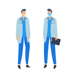 Doctors without mask and in mask. Medical workers on a white background. Hospital staff. Vector illustration in a flat style.