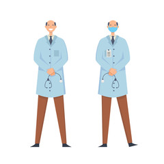 Doctors without mask and in mask. Medical workers on a white background. Hospital staff. Vector illustration in a flat style.