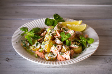 Poached Salmon salad with baby potatoes  and yogurt dressing. Horizontal image