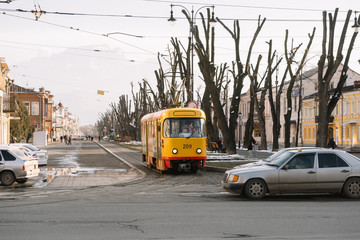 Fototapeta premium Tram rides on the street of Vladikavkaz