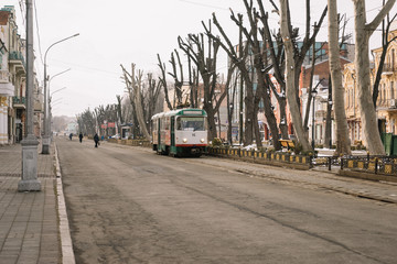 Tram rides on the street of Vladikavkaz