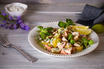 Poached Salmon salad with baby potatoes  and yogurt dressing. Horizontal image