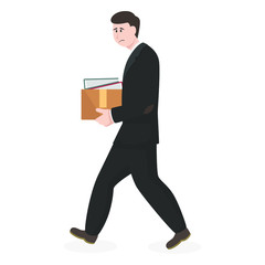 Fired employee holds personal belongings box, simple business people concept on white background for your design work, presentation, website or others.