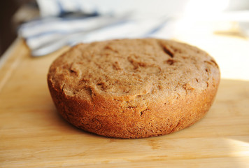 Freshly baked homemade whole grain bread. Round loaf