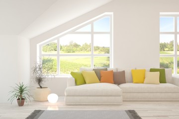 White living room with sofa and summer landscape in window. Scandinavian interior design. 3D illustration
