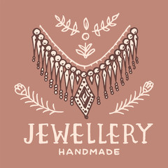 Victorian necklace label. Women's jewelry shop badge. Luxury jewellery accessories, ladies fashion. Vintage Retro typography or signboard. Hand Drawn engraved sketch.