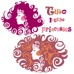 Two little princesses, hairstyle curl, vector portrait, logo.