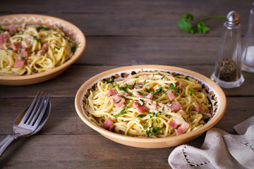 Garlic Bacon spaghetti pasta. Italian cuisine, pasta meal. Horizontal image