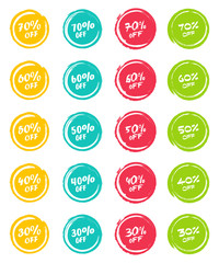 Set of grunge sticker with 30, 40, 50, 60, 70 percent off in a flat design. For sale, promotion, advertising