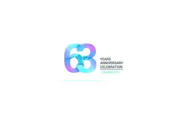 63 years anniversary celebration logotype. anniversary logo with watercolor purple and blue  isolated on white background, vector design for celebration, invitation card, and greeting card-vector