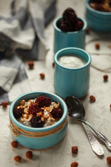 muesli with yogurt, nuts and blackberries