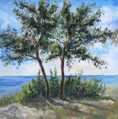 Two pine trees on the beach in summer, oil painting