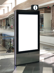 Standalone big screen info kiosk. Digital media blank white screen modern panel, display, signboard...