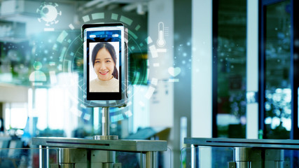 Face recognition scanner or temperature machine before enter and exit Disease Coronavirus (COVID-19). Security Technology And information on finding people. Concept New Normal
