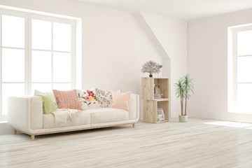 White living room with sofa. Scandinavian interior design. 3D illustration