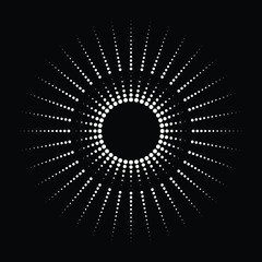 Radial white arrow speed lines in round form. Halftone dots. Explosion background. Star rays. Sunburst. Design element for frames, prints, web, template, logo and textile pattern