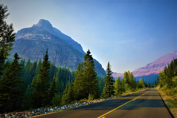 Mountains and road in Glacier National Park, USA.
