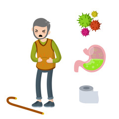 Medical assistance in case of poisoning. Set of indigestion Icons. Toilet paper, virus, bacteria and microbe. Old man holding belly. Poor nutrition of senior. Health problem. Diarrhea, upset stomach.