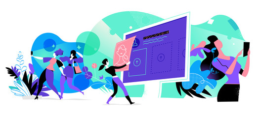 Social media nella vita moderna. Donne giovani che interagiscono con i loro dispositivi digitali