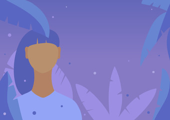 Girl with purple hair in blueberry jungle at night. Flat illustration with copy space. Tender background 2d picture for web design, app, game, poster. EPS10. editable. 