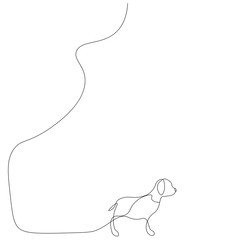 Dog puppy silhouette line drawing near tree, vector illustration
