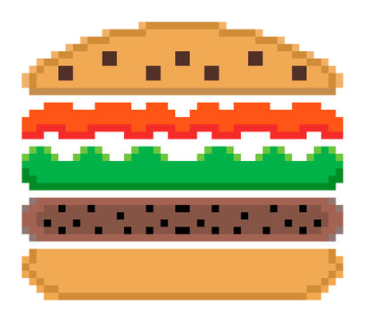 Pixel art: a tasty hamburger with its visibile parts (bread slices, lettuce, beef, ketchup) split and stacked.
