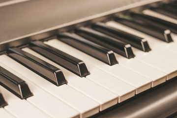 Fototapeta na wymiar Close-up of white and black piano or synthesizer keys. Musical instrument. Hobbies music