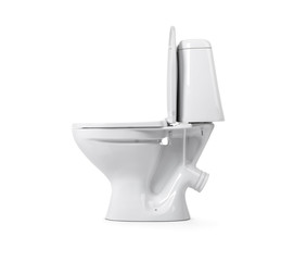 Side view open toilet bowl, isolated on white background. File contains a path to isolation