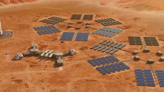 Flying around a small Martian base equipped with two rovers, day view. 4k animation