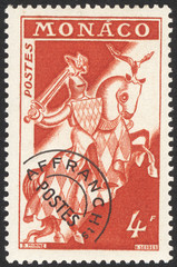 Monaco postage stamp. Monaco historical stamp. A postage stamp printed in Monaco. Monaco postage stamp for envelope.