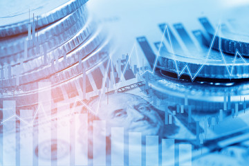 Stock market investment trading financial, coin and graph chart or Forex for analyze profit finance business trend data background.