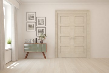 Fototapeta na wymiar White empty room with wooden shelf and door. Scandinavian interior design. 3D illustration