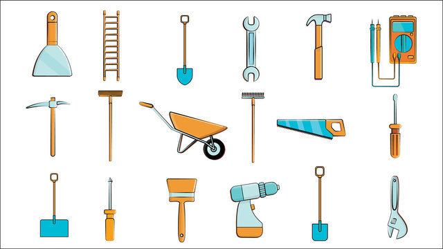 A large set of icons for construction, plumbing, garden, repair, tools: shovel, wrenches multimeter, saw, hammer, brush, mop, rake, trolley, spatula, screwdriver, pickaxe, ladder. Vector illustration