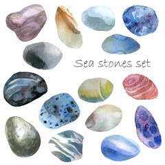 Watercolor illustration. Sea stones. Set. Summer theme, beach and relaxation.