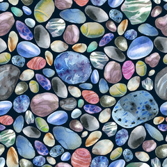 Watercolor illustration, pattern. Sea stones on a dark blue background.
