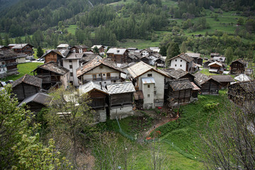 Alpine chalets and green meadow.