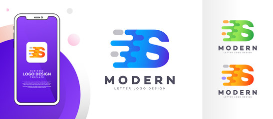 Obraz premium Letter S liquid abstract geometric logo design illustration. Fluid gradient elements. Mobile app UI style mock-up. Futuristic trendy dynamic company business logo design. Vector EPS template