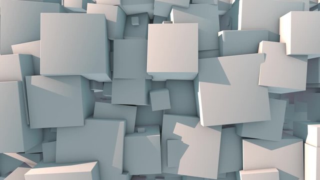 3D animation of a white background. The surface splits into many cubes of different sizes. The cubes jump and merge back into one plane. 4K animation with the possibility of continuous playback.