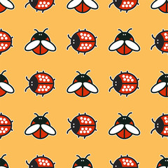 Seamless pattern with ladybirds and beetles on yellow background