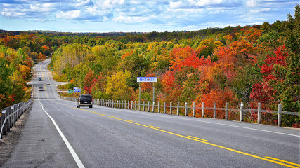 Milford Bay, Ontario / Canada - 10/05/2008: Mountain road. Landscape with rocks, autumn leaf color, and beautiful asphalt road in autumn. High angle view.... © Elton