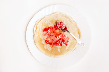 Tasty pancakes on Shrovetide on background