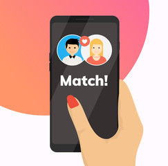 Dating app online mobile concept. Female male profile flat design. Couple dating match for relationship