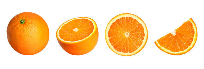 Orange fruit set. Fruits collection with whole and halved oranges isolated on white background