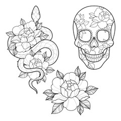 Set of three tattoo sketch with peony flowers, snake and skull  for Henna drawing and tattoo template. Flower tattoo. Vector illustration © lenok5