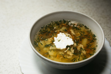 chicken soup broth with sour cream in a white plate