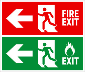 Emergency fire exit sign. Evacuation fire escape door vector sign pictogram arrow exit route
