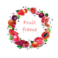 Watercolor illustration, fruit frame. Pomegranate, plum, watermelon, grapes, mango, lychee, figs, grapefruit, mint, ice cubes.