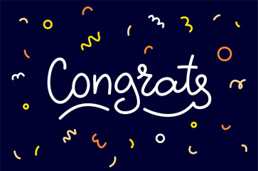Vector typography illustration of word congrats with confetti on dark background.