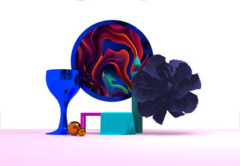 Still life with glass of wine pearls and staircase 3d abstract art composition 3d colorful illustration Trendy Abstract 3d Memphis scene Pool party Architecture Stylish hipster backdrop  objects 